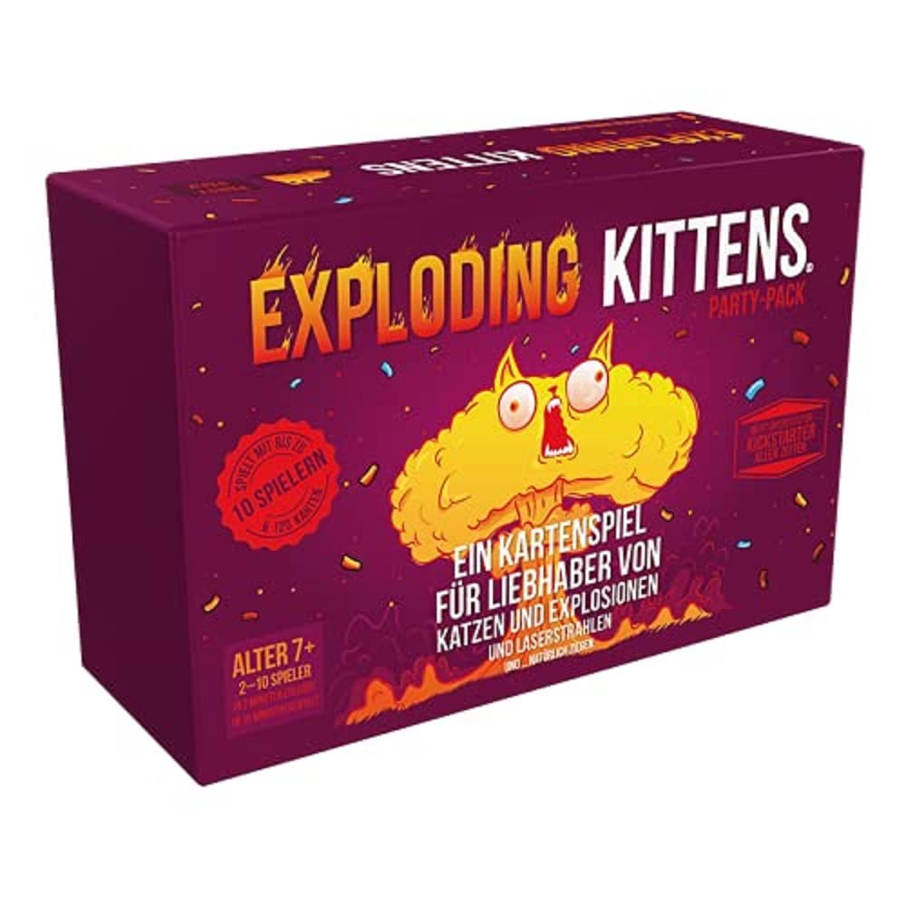 Exploding Kittens, Exploding Kittens – Party-Pack, Grundspiel + Erweiterung, Partyspiel, Kartenspiel, 2-10 Spieler, Ab 7+ Jahren, 15+ Minuten, Deutsch