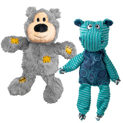 KONG XL 2 Pack - Soft Plush Dog Toy for Large Breeds - Durable, Cuddly & Squeaky - Perfect for Play & Comfort (Bear/Hippo)