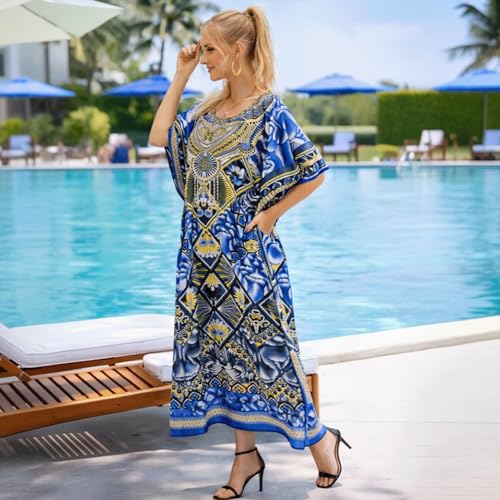 Image of Miss Lavish London Black Kaftan Dresses for Women V Neck Batwing Sleeve Beach Vacation Bikini Swimsuit Cover Ups Loungewear for Summer,Pockets on Both Sides, Resort Wear & Cruise Coverup- Black-3XL