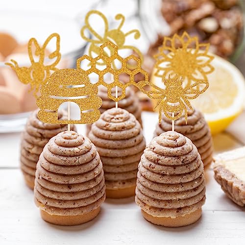Whaline 48Pcs Bee Cupcake Toppers Bee Toothpicks Glitter Bumble Bee Sunflower Cupcake Picks Honeycomb Shape Food Sticks For World Bee Day Spring Summer Party Cake Decorations Supplies, 6 Design #TOP6