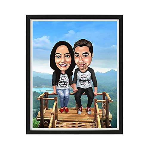 Image of DK Decors Personalized Caricature Photo Frame Custom Cartoon Portrait from Photo, Outing Vacation Viewpoint Gift for Couple, Husband & Wife (8x10 Inch)