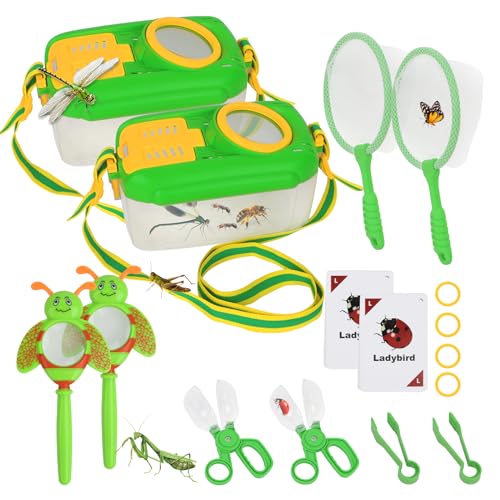 QuadPro Bug Catcher for Kids - 2 Sets - Outdoor Explorer Set with Butterfly Net, Tweezers, Bug Clamp, Magnifying Glass & Entomology Learning Cards - Perfect Bug Catching Kit for Kids Age 3 4 5 6 7 8