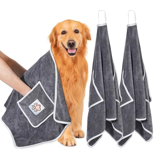 Laamsamling 120x70cm Hundehandtuch, 2 Stück Hundehandtuch Extra Saugfähig mit Griffaschen, Mikrofaser-Handtücher für Hunde und Katzen – ideal für Kleine, Mittelgroße und Große Hunde