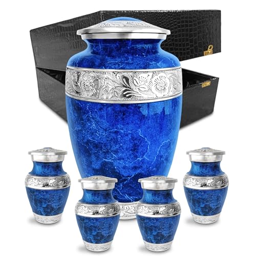 Blue Marble Urn for Ashes Adult Male – Large Cremation Urns Set for Human Ashes Adult Men & Woman – (Includes Large Urn and 4 Small Keepsakes)