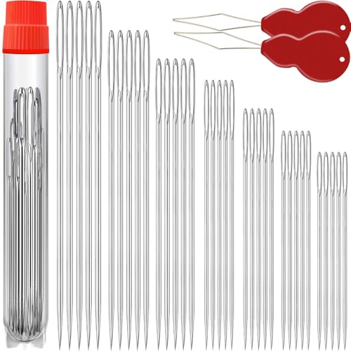 35 Pack Premium Large Eye Needles for Hand Sewing with 2 Needle Threaders Assorted Sizes Embroidery Needles for Hand Sewing Sewing Needles Large Eye Big Eye Needle
