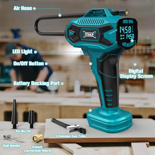 Image of DIYtoolifz 160PSI Cordless Tire Inflator Compatible with Makita 18V Battery | Portable Air Compressor Air Pump with Digital Pressure Gauge, Fast Inflation for Cars, Motorcycles, Bikes (Tool Onlyl)