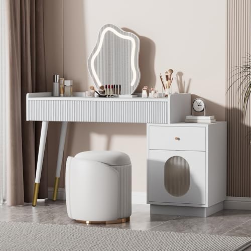 HIYYIH Tocador moderno de 100 x 75 x 40 cm, tocador con espejo iluminado LED, juego de tocador con diseño extensible, mesa moderna con 3 cajones y 1 puerta, color blanco (sin taburete)