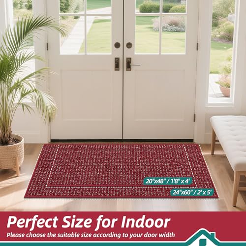Image of BEQHAUSE Dirt Trapper Door Mat 24 inch x 60 inch, Non-Slip Washable Doormats Entrance Mat, Dirt Resistant and Absorbent Welcome Mat, Low Profile Floor Mats for Front Back Door and Entryway, Red