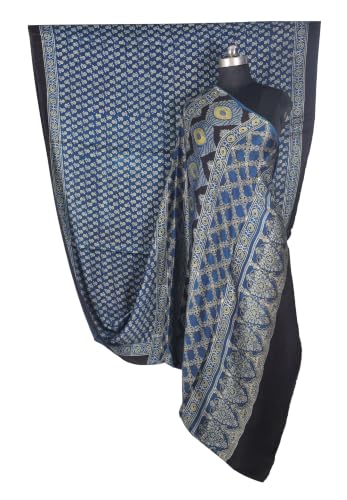 Image of Ethnics of Kutch Womenss Ajrakh Modal Silk Natural Dye Hand Block Print Saree with Blouse Piece - 5.5 Mtr Length (Indigo 03601B)