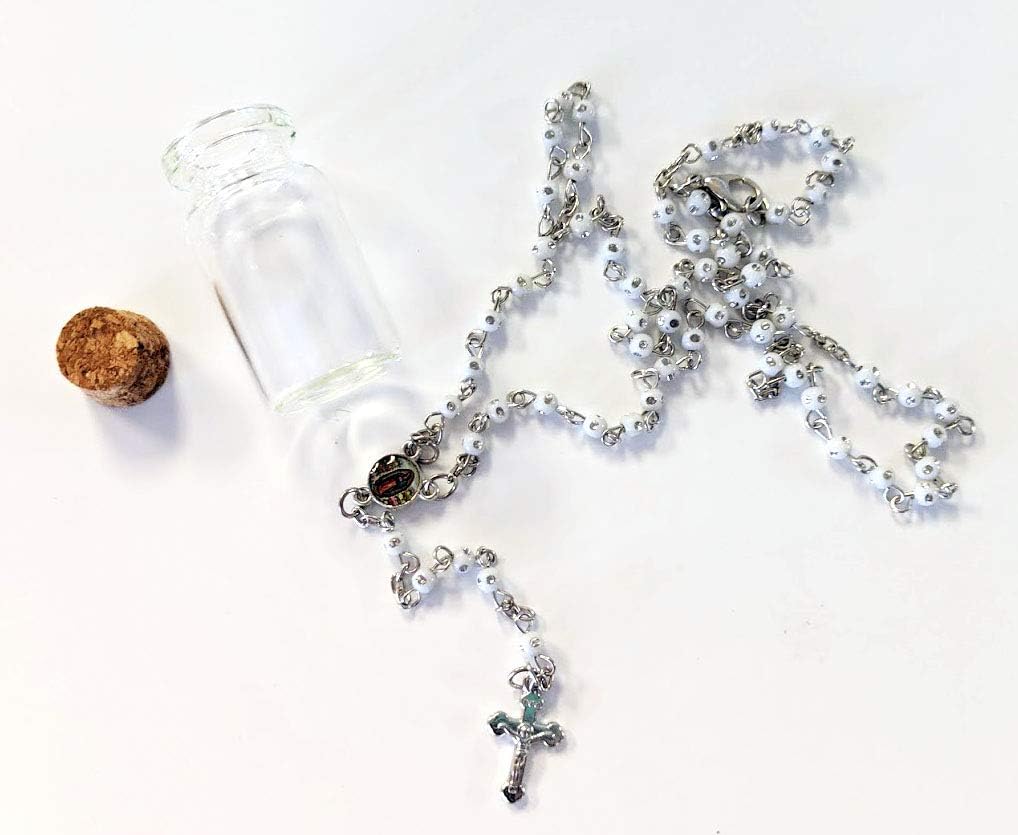 WBR 12pcs Rosary In Glass Jar Bottle Beads White Beaded Rosary Silver CATHOLIC Crucifix Necklace Virgin Mary lot of 12