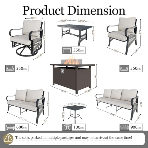 Image of 12-Piece Outdoor Furniture Set, Metal Swivel Rocking Chairs with All-Weather Cushions, Patio Conversation Set with Fire Pit Table for Deck, Porch, Garden, Backyard, Poolside (Beige Cushions)