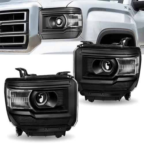 APSVE Headlight Assembly For 2014 2015 2016 2017 2018 GMC Sierra 1500 15-19 GMC Sierra 2500HD 3500 HD Head Lights Headlamp w/Bulbs Replacement Left Right Black Housing Clear