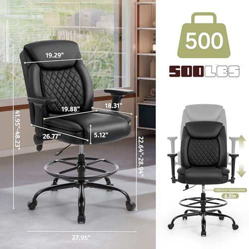 Image of Drafting Chair,Executive Tall Office Chair Flip-up Armrests for Counter Height Desk Drawing Use,High Task Chair with Adjustable Foot Ring & Inflatable Lumbar Support, Swivel Computer Stool,PU Black
