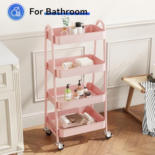 Image of OLIXIS Metal 4 Tiers Utility Rolling Cart, Mobile Storage Shelf with Lockable Caster Wheels, Organization for Livingroom, Bathroom & Narrow Places, 4-Tier Pink