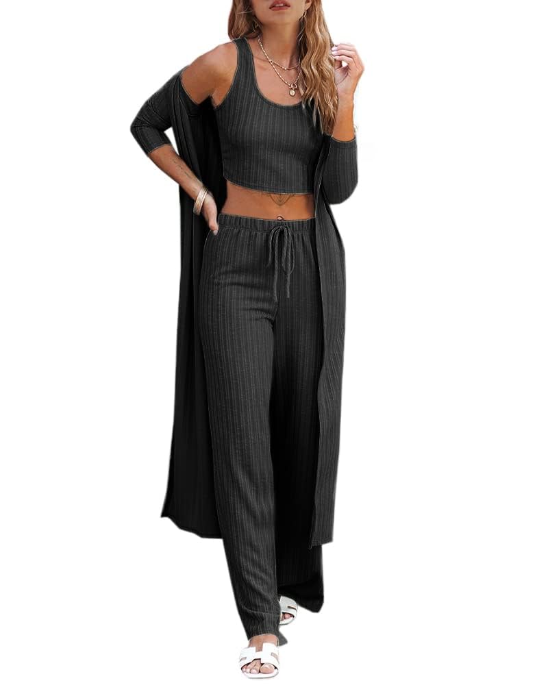 Womens 3 Piece Lounge Sets Pajamas Knit Long Sleeve Cardigan Crop Top Wide Leg Pants Loungewear Set