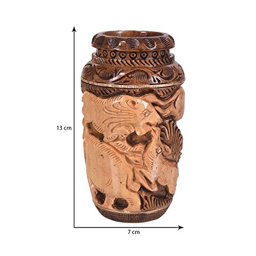 Image of Craft Trade 13x7 Cm Round Carved Wood Animal Pattern Pancil Holder - Two Tone