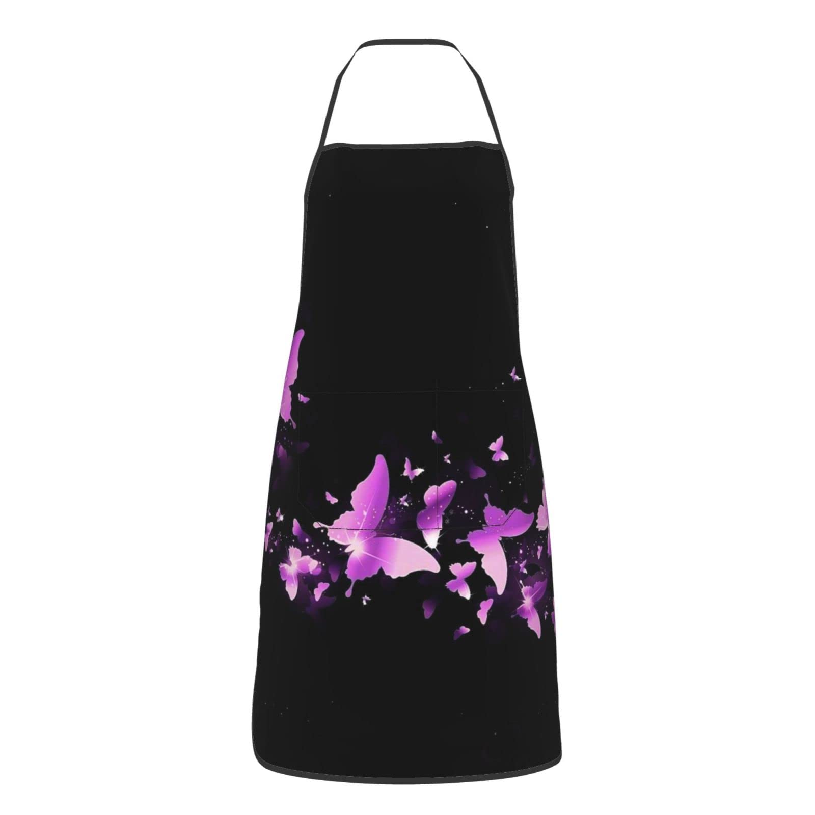 Butterfly Purple Print Waterproof Kitchen Adults Aprons With Pockets, For Cooking/Work/Cleaning, For Man And Woman