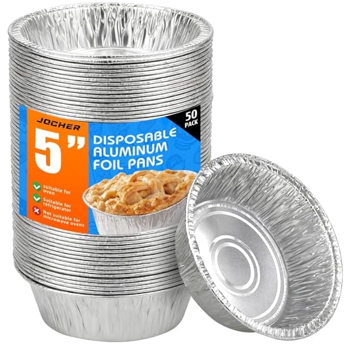 JOCHER 50 Pack Mini Pie Pans, 5in Pie Tins, Disposable Aluminum Round Foil Tart, Aluminum Foil Pans, Easily Stack & Store for Baking, Cooking, Storage or Reheating