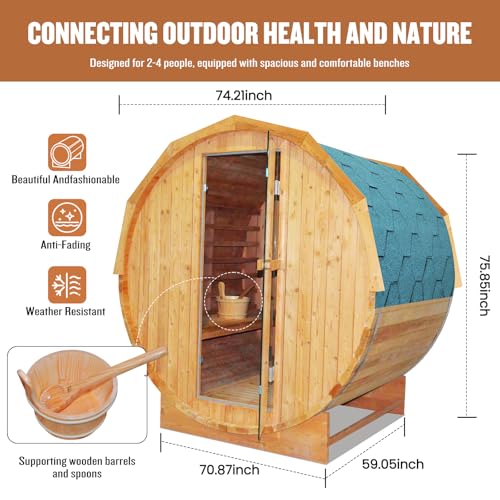 Image of OUTEXER Outdoor Traditional Sauna 4-5 Person 240V 4.5KW 6'x6' Steam Saunas | Wet Finnish Carbonized Spruce Wood Sauna with Heater,Sauna Stone,Water Bucket,Ladle,LED Lights