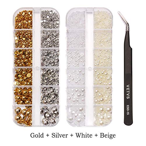 12 Raster-Box Gold/Silber Perlen halbrunde flache Rückseite Perlen für Nagelkunst DIY Zubehör Nagelschmuck Charms - weiß… – Bild 7