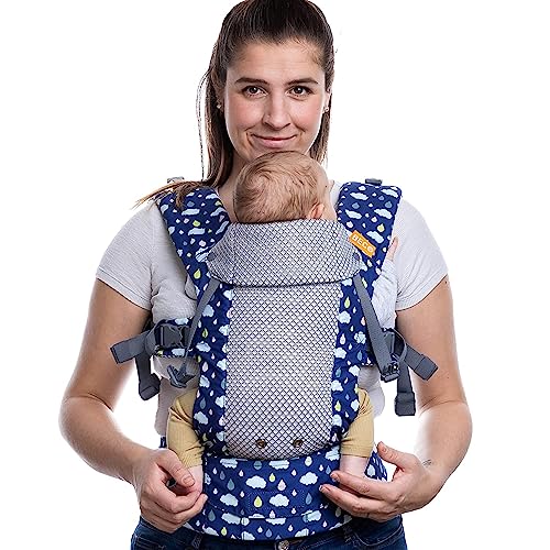 Beco Gemini Mochila Portabebés Ergonómica de 3,2 a 15,8 kg (7–35 lbs) - Posición en M, Asiento Ajustable - Mochila de Porteo para Recién Nacidos y Niños PequeñosMalla 3D transpirable (Cool Rain Drops)