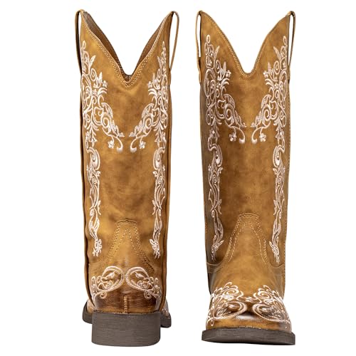 SheSole Women's Square Toe Cowboy Boots Floral Embroidered Cowgirl Western Boots Wide Calf2