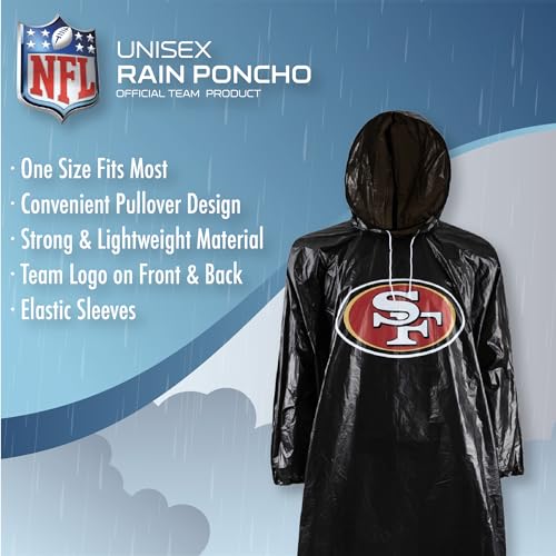 Image of NFL Waterproof Rain Poncho for Adults, Sporty, Elastic Sleeves and Drawstring Hood, Unisex Rain Coat