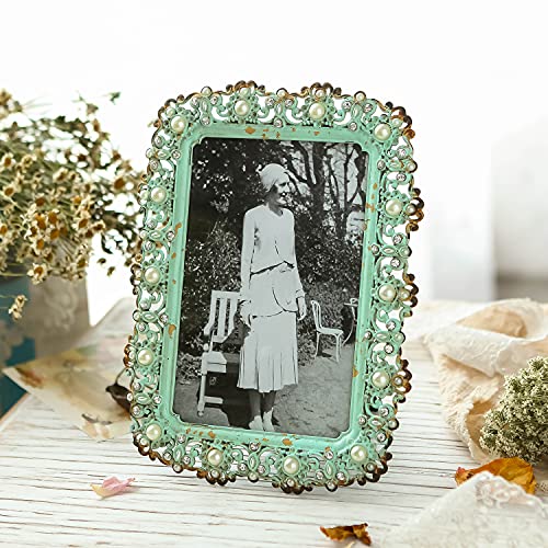 Nikky Home 4X6 Antique Green Jeweled Pearl Picture Frame With High Definition Glass For Table Top Desktop Vertical Display Wedding, 4 By 6 Shabby Chic Decorative Pewter Photo Frames, Teal #TOP1