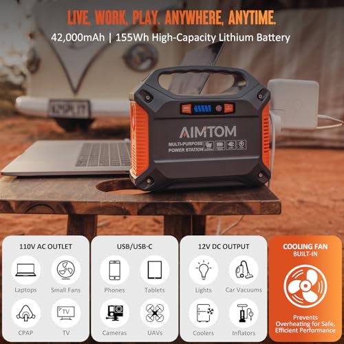 AIMTOM 155Wh Portable Power Station, 42000mAh Lithium Backup Battery with Flashlight, Solar Charging Option – 150W Peak (100W AC), 12V DC, USB & USB-C for Camping, Home, RV, Travel & Digital Nomads - Image 3