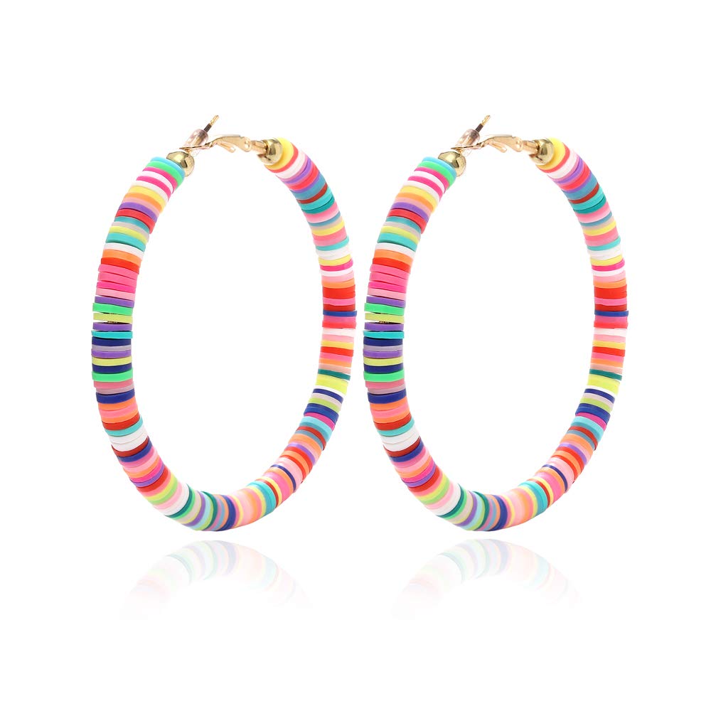 Heishi Hoop Earrings Bohemian Rainbow African Vinyl Disc Beaded Earrings for Girls Handmade Large Statement Summer Beach Hoop Earrings (multi colour)
