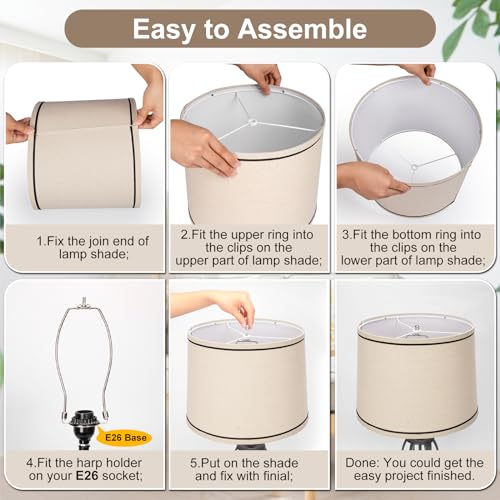 Image of Drum Lampshades Set of 2, Medium Fabric Lamp shades for Table Lamps, Floor Lamps, Beige Linen Lamp shades 11.6 inch Top x 12.6 inch Bottom x 9.8 inch High Spider Fitter, Replacement Lampshades, Assembly Required