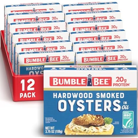 Bumble Bee Canned Hardwood Smoked Oysters, 3.75 oz Cans (Pack of 12) - Ready to Eat - 18g Protein per Serving - Gluten Free Cover