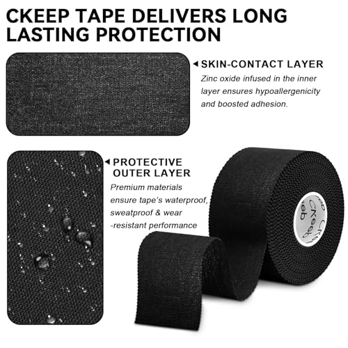 Image of CKeep Athletic Tape, Original Cotton Waterproof Sports Tape 1 Roll, Black | Very Sturdy No Glue Residue Wrist Ankle Tape for Climbing, Boxing, Athletes, Baseball Bats, Strains, Sprains, Injuries