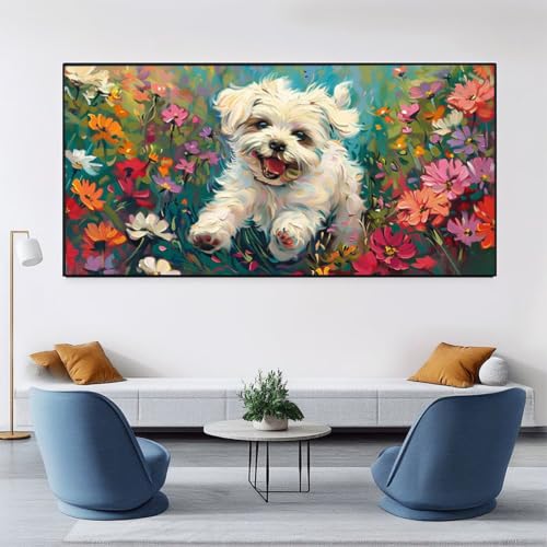 Pintar por numeros de un perro con crisantemos en lienzo premium 2