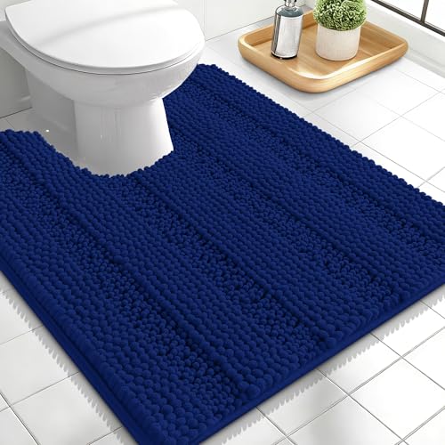 Image of OLANLY Thick Toilet Rugs U-Shaped 24x20, Extra Soft Absorbent Chenille Striped Contour Bathroom Rugs for Toilet, Dry Quickly, Machine Washable, Non-Slip Bath Mat, Navy