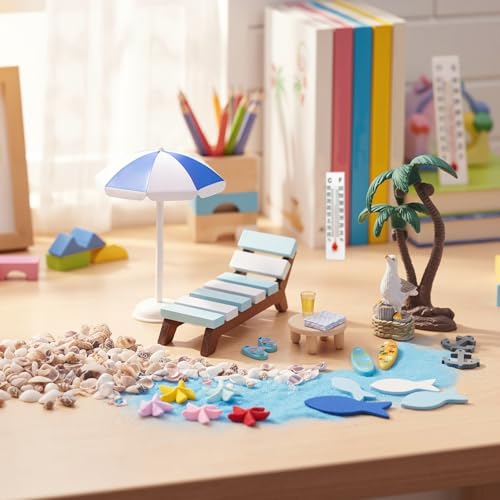 22 Stück Strand Mikrolandschaft, Strand Deko Miniatur Set, Mini Liegestuhl Kleine Tisch Schirm Palme Deko Sommer Mini Muschel Miniatur Dekoration Accessoires Für DIY Garten, Puppenhaus Dekoration