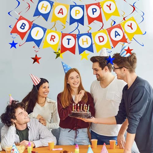 Image of BEISHIDA Red Blue Gold HAPPY BIRTHDAY Banner with 12pcs Red Blue Gold Stars Hanging Swirls Garland Party Decorations Sets for Birthday Party Supplies, Kids Girls Birthday Decorations