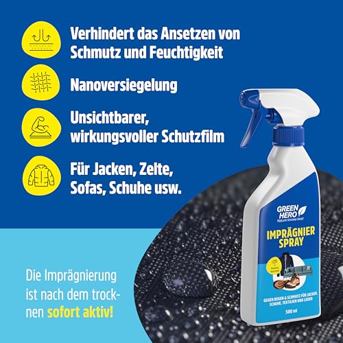 Green Hero Textil Imprägnierspray 500 ml | gegen Regen & Schmutz für Jacken, Schuhe, Sofa, Couch und Leder | effektive Nanoversieglung | Imprägnierung für Textilien mit Bester Waschbeständigkeit