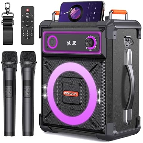 BIGASUO Wooden Karaoke Machine with 2 UHF Wireless Microphones, Portable Bluetooth Speaker with Treble/Alto/Bass Adjustment, Flashing LED Lights, Remote Control, TF Card/USB/AUX in, TWS for Party Cover