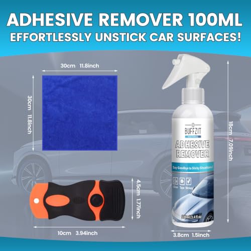 Image of Car Adhesive Remover Spray - Glue & Sticker Remover for Car Paint, Glass & Windows, Removes Decals, Tape & Label Residue - Automotive Adhesive Cleaner Kit with Scraper & Towel, 3.4oz /100ml