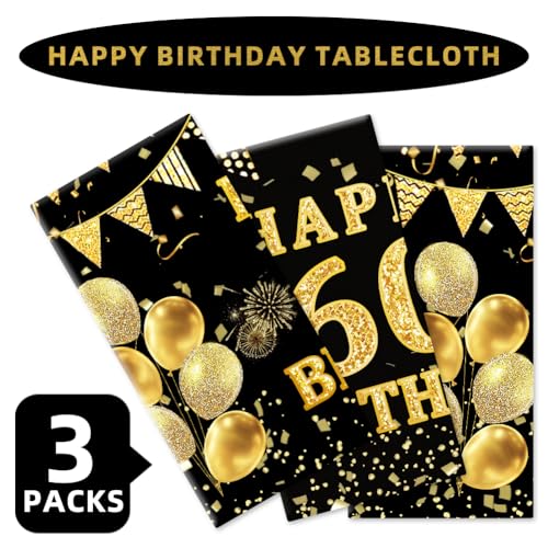Image of Labeol 3 Pack 60th Birthday Tablecloth, Black and Gold Happy 60th Birthday Decorations, Disposable Plastic Rectangular Table Cover Party Supplies for Men Women