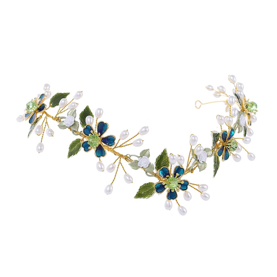 IYOU Flower Fairy Headband Green Pearls Wedding Crown Leaf Bridal Bridesmaid Elf Hair Accessories for Women