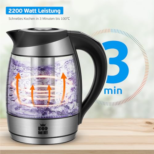 Foto von FOR ME Glas Elektrischer Wasserkocher mit Teesieb 1,8L, Temperatureinstellung, Temperaturwahl 40°C bis 100°C, 7 Farben LED-Beleuchtung, Warmhaltefunktion, BPA Frei