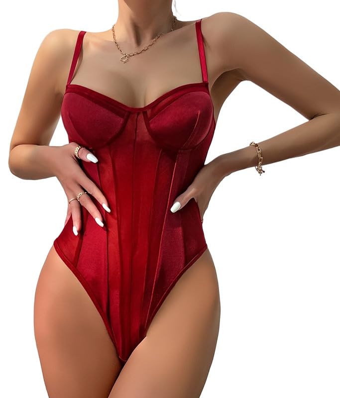 HaibangWomen's Sexy Floral Lace Sheer Mesh Spaghetti Strap Cami Bodysuit Top Slim Fit Lingerie Bodysuit Sleeveless Corset Bustier Going Out Tank Top Clubwear