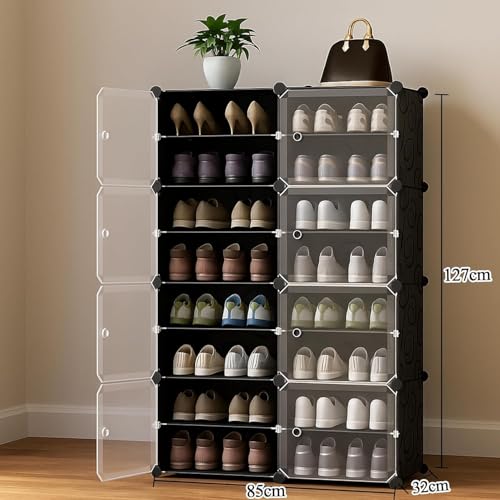 Image of Plastic Shoe Rack for Home with Door | 16-Shelf DIY Shoe Cabinet Organiser | Stores 32 Pairs | Foldable & Waterproof Shoe Stand for Entryway, Bedroom