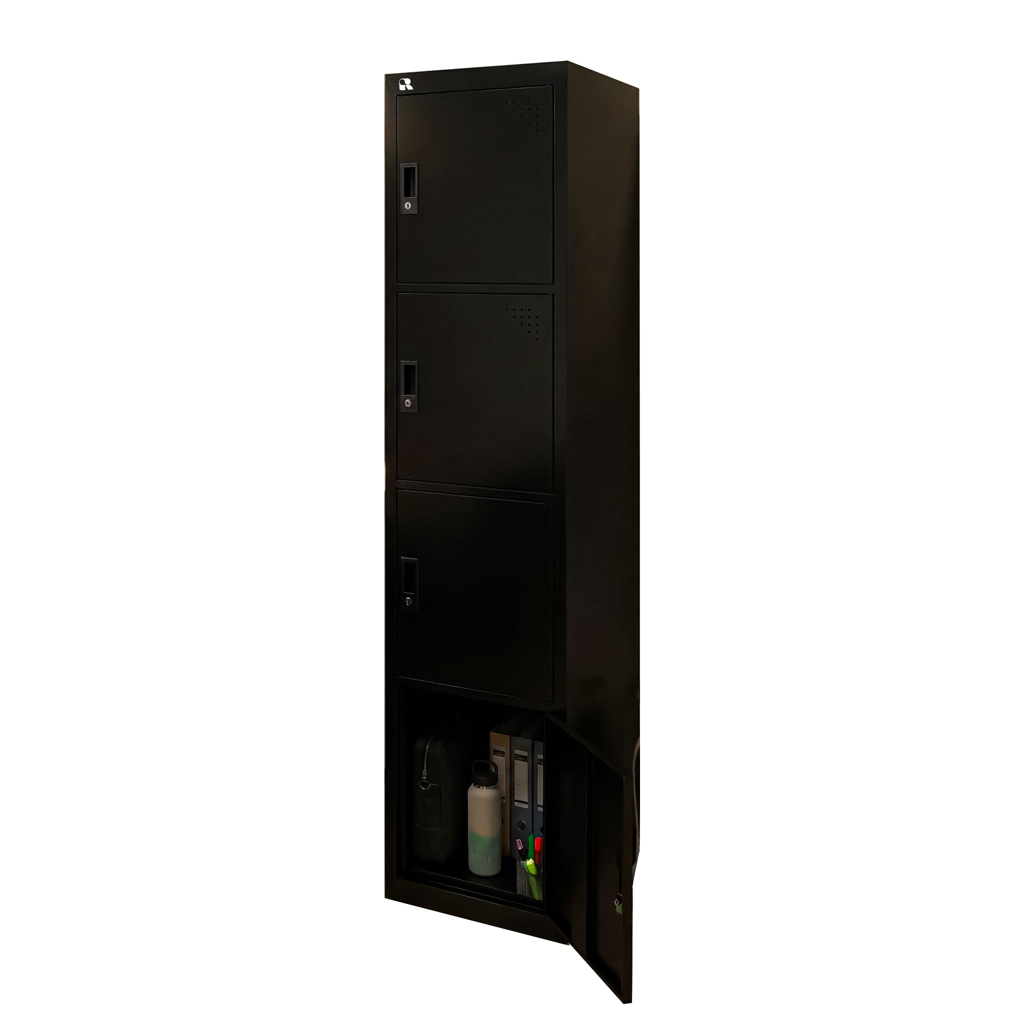 RIGID 4 Door Steel Storage Locker with Shelves | Metal Cabinet for Home, School & Office | Secure Key Lock System, Plastic Handles, Multi-Compartment Organizer, Black (45D x 38W x 180H cm) Assembled