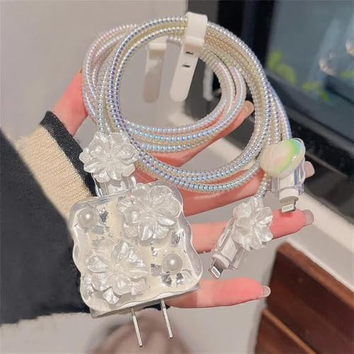 Image of Cable Protector with 3D Cute Pattern for iPhone Charger only 18W & 20W, Data Charging Cable Wire Saver Protective Cable Cover Full Protection Cable Sleeve (FOIL FLOWER)
