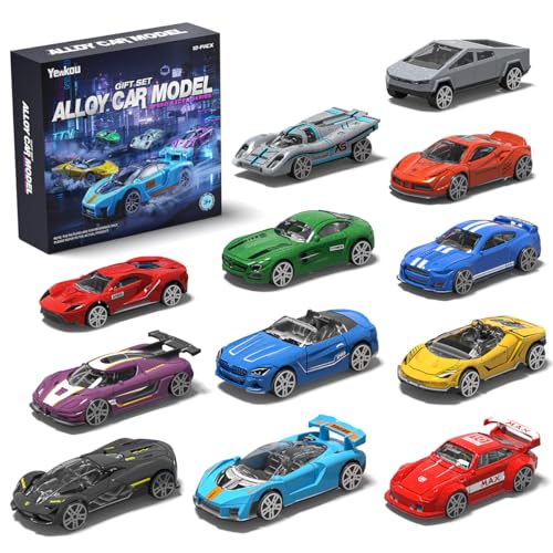 Yewkou 1:64 Scale Die-Cast Metal Toy Cars 12-Pack Vehicles Set, Includes Pickup, Racing Cars, Sports Cars for Display or Play, Great Gift for Kids Age 3 Years and Up (12 Pack)