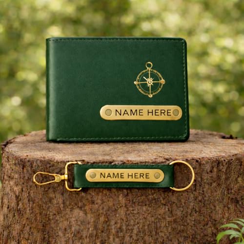 Image of Premium Customized Wallet & Keychain Combo for Men - Stylish Faux Leather Gift Set with Personalized Name & Charm - Ideal Birthday, Anniversary & Festival Present (Green)