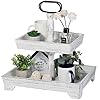 Eufrozy Farmhouse Tiered Tray Stand Wood, Rustic Tiered Tray Decor Holder 2 Tiered Decorative Wooden Serving Tray Rectangular with Metal Handle for Kitchen Table Decor Housewarming Gifts White